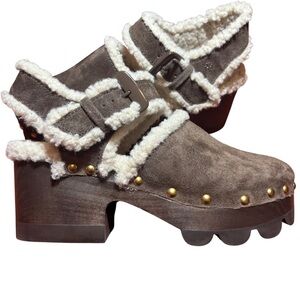 Tory Burch | Lug Sole Clog Sandal Mule Wood Platform Heel Brown Suede with Fur 8